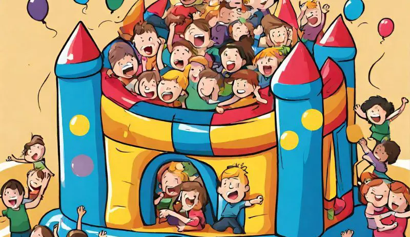 A hand drawn bouncy castle overflowing with children.