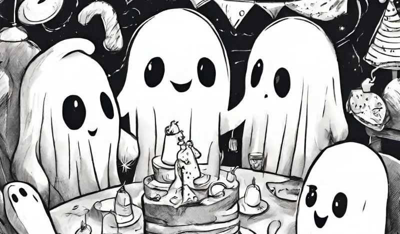 Hand drawn picture of ghosts at a birthday party.