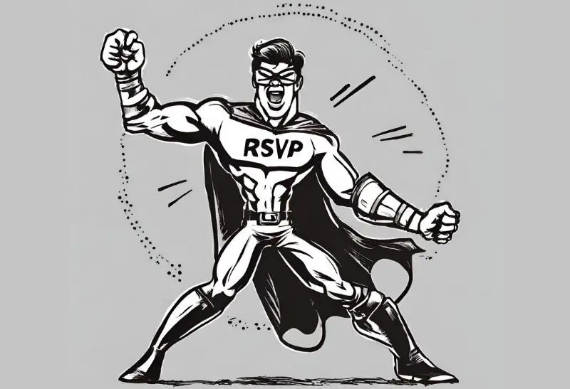 A hand drawn superhero, with RSVP on his chest.