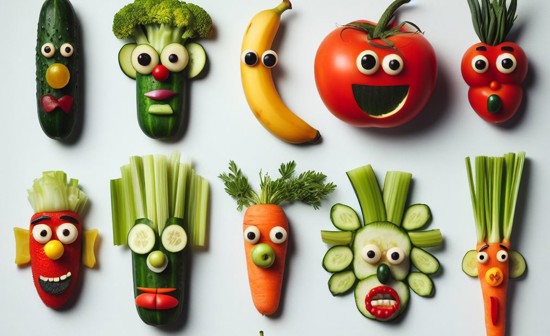 Faces made out of Fruit & Vegetables.