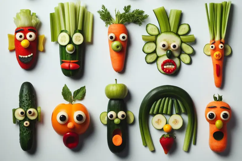 Faces made from Fruit & Veg.