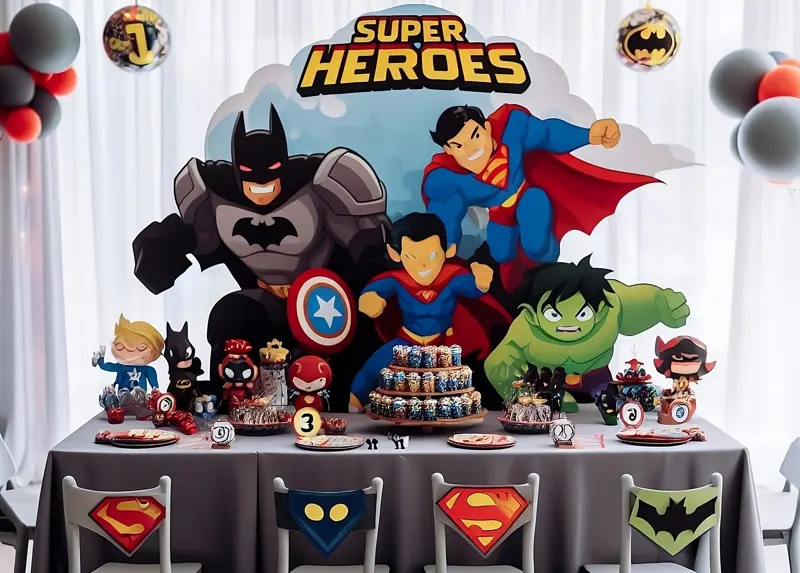 A table set up for a superhero themed party with characters and food.