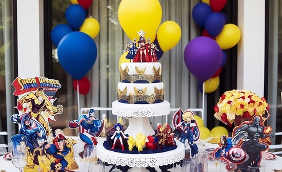 A birthday cake surrounded by super heroes.