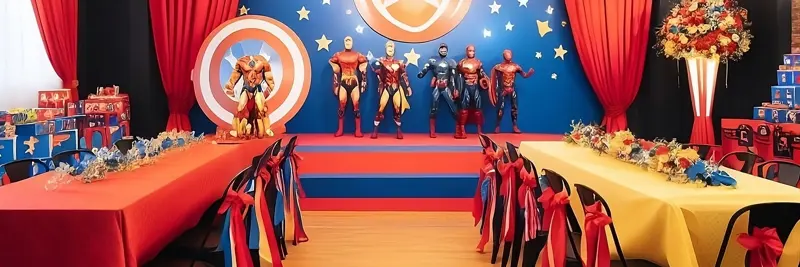 A room stlyed for a superhero party with figures on a stage.