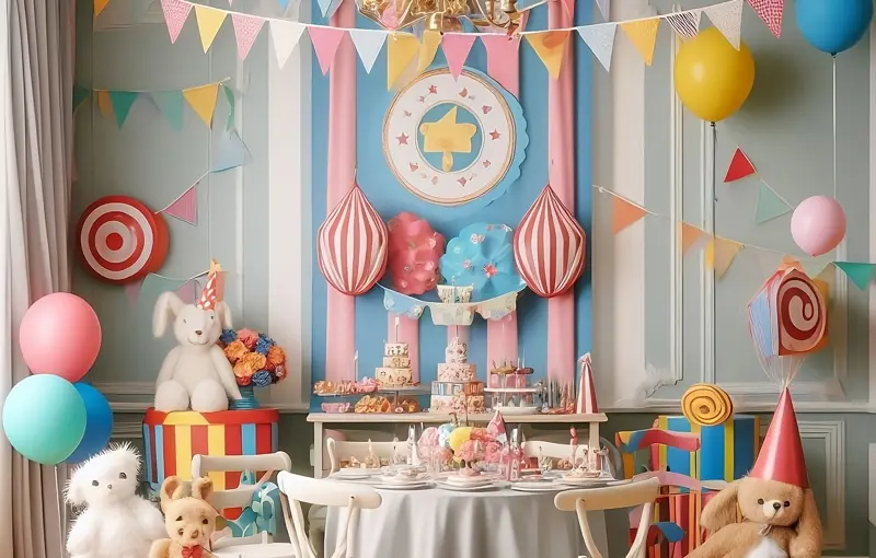 A room set up for a Carnival themed party.