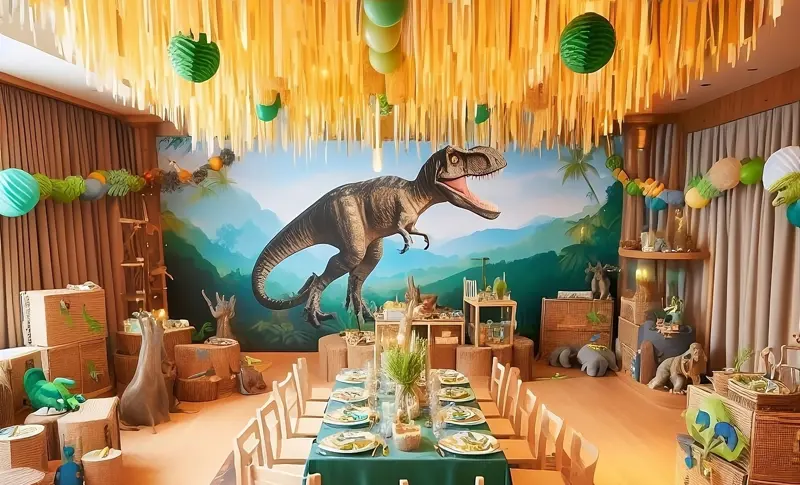 Dinosaur themed party room with large T-Rex picture in the background.