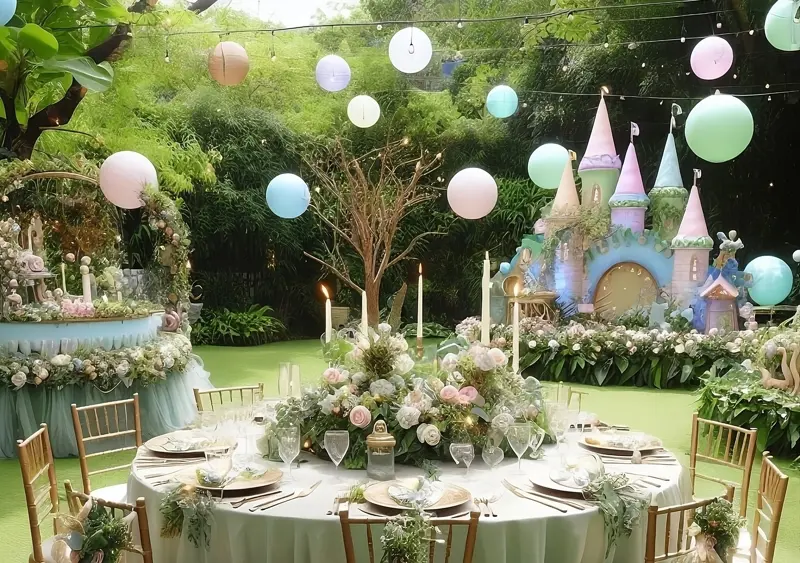 An enchanted party theme garden with baloons and tables.