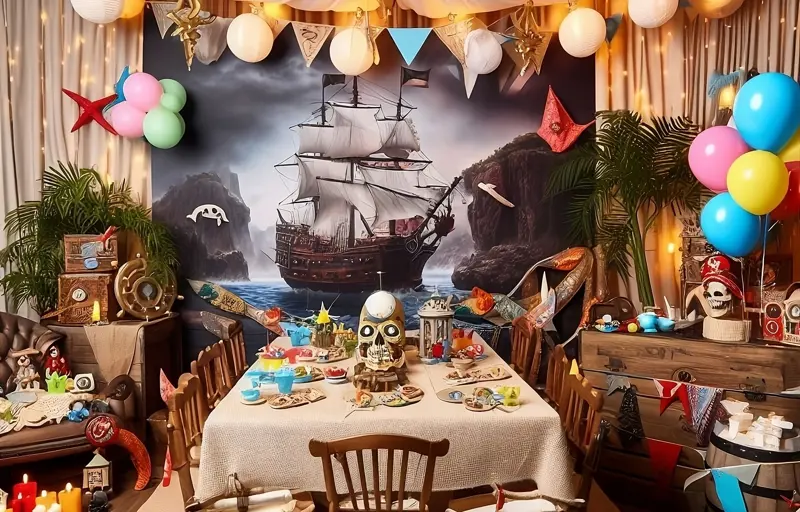 A table set up for a pirate themed party, with a pirate ship picture in the background.