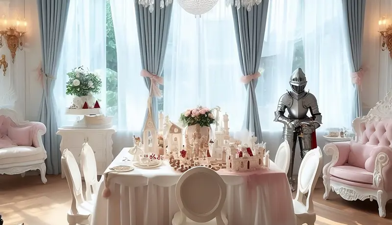 Princess themed room with a knight in the background.