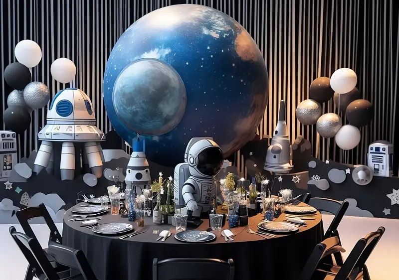 A spaceman on a party table, with a large earth and rotobs in the background.