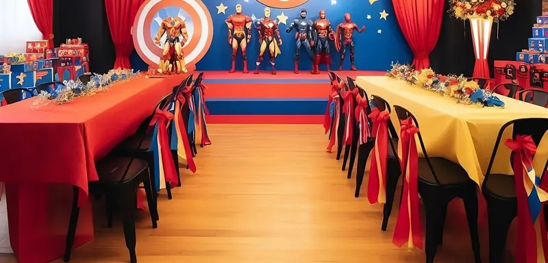 A room set up for an avengers themed party.