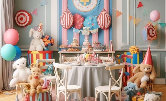 Teddies at a birthday party table.