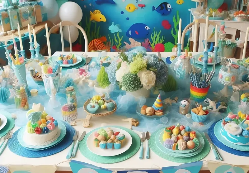 A kids party table with sea themed food and decorations.