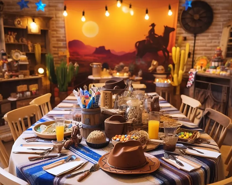 Wild West themed party table, with a cowboy picture in the background.