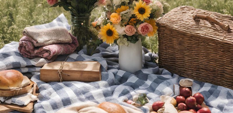 A blanket outdoors with food and a picnic hamper.