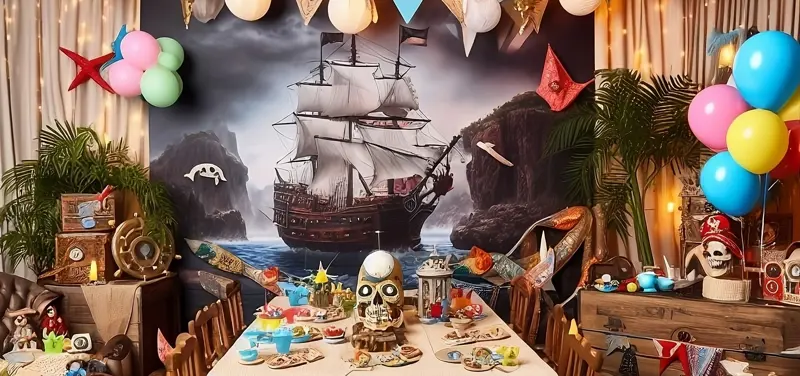 A pirate themed party table with a large picture of a pirate ship in the background.