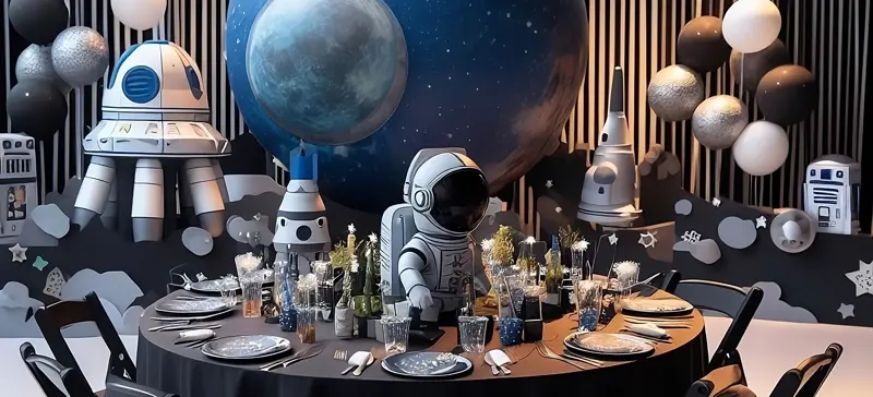 A party table with a spaceman model in the centre.