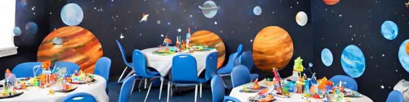 A room surounded by pictures of planets with party tables set up.