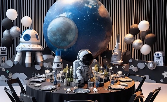 A space themed party tabkle with a spaceman, robots and a large Earth.