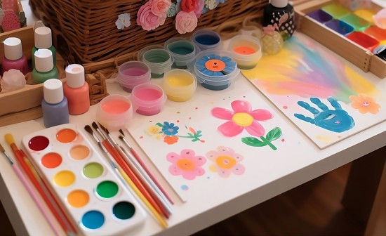 A brightly colored paint station with a painting of a flower. 