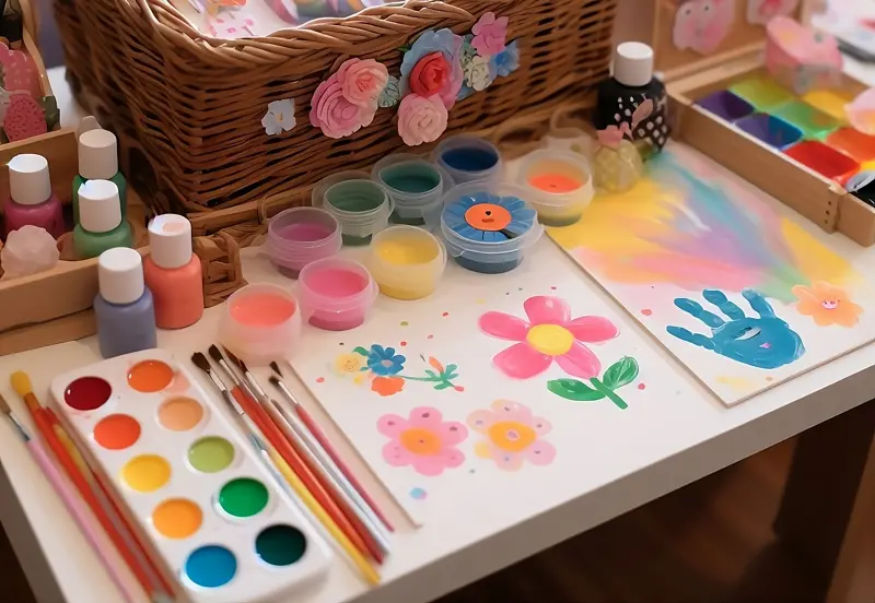 Painting station with a painting of flowsers and a hand print.