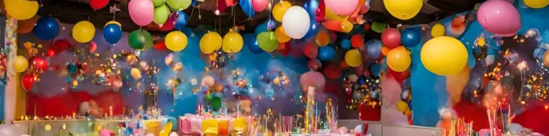 A party venue with a lot of Baloons.