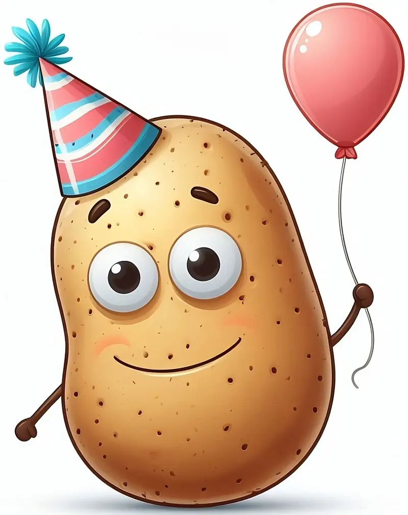 Baked potato with a party hat and baloon.